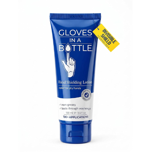 A blue tube of 'Gloves in a Bottle' hand shielding lotion, featuring text highlighting its non-greasy formula and lasting protection for dry hands, along with a label indicating it offers over 100 applications.